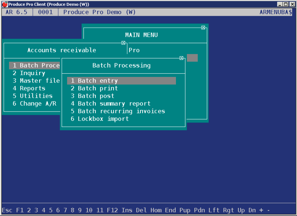 The A/R Batch Control screen opens, displaying the most recent existing ...
