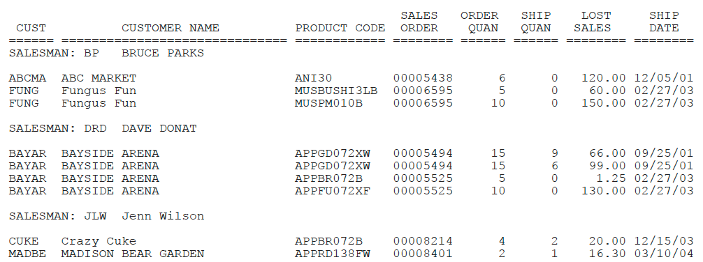 The data lines themselves consist of customer code, customer name ...