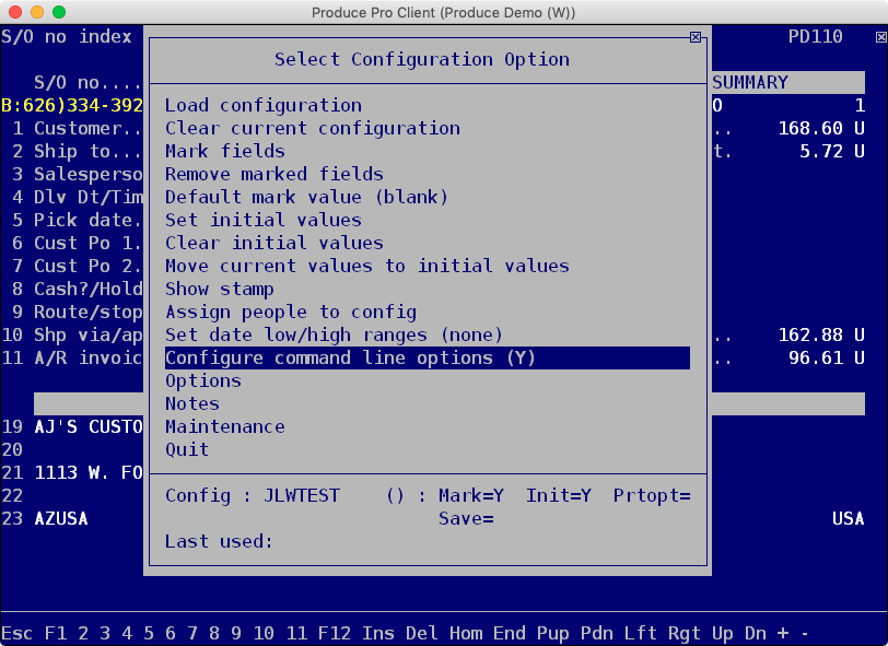 The command line configuration submenu displays: