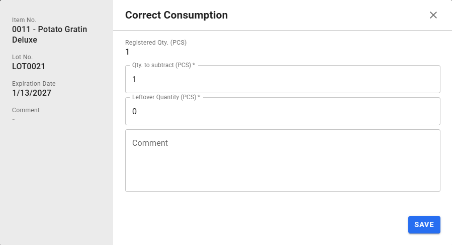 Consumption correction screen